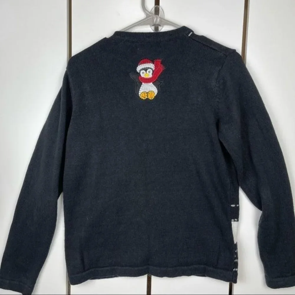 White Stag Black Holiday Embroidered Penguin Button Up Cardigan Size Medium - Picture 4 of 7